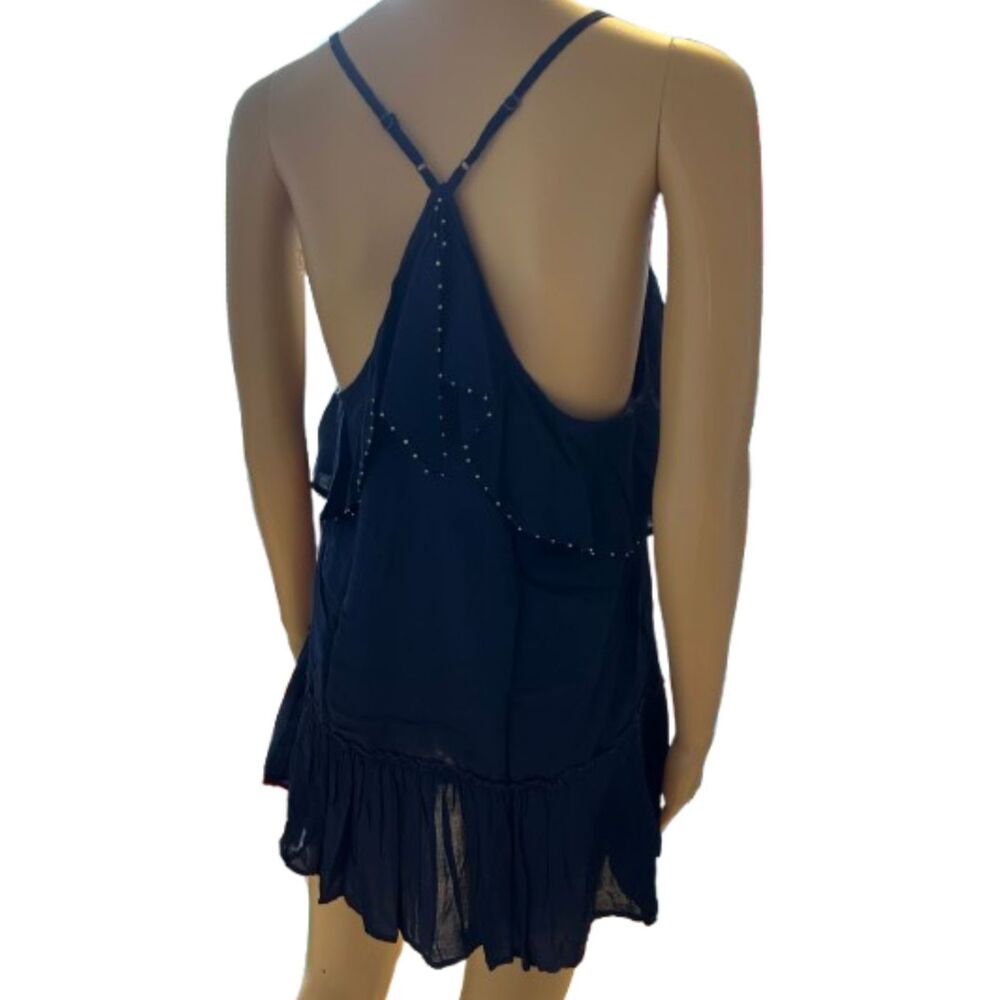 Free People Navy Blue Ruffle Top With Silver Embellished Beads size S/M E70 - Picture 3 of 12